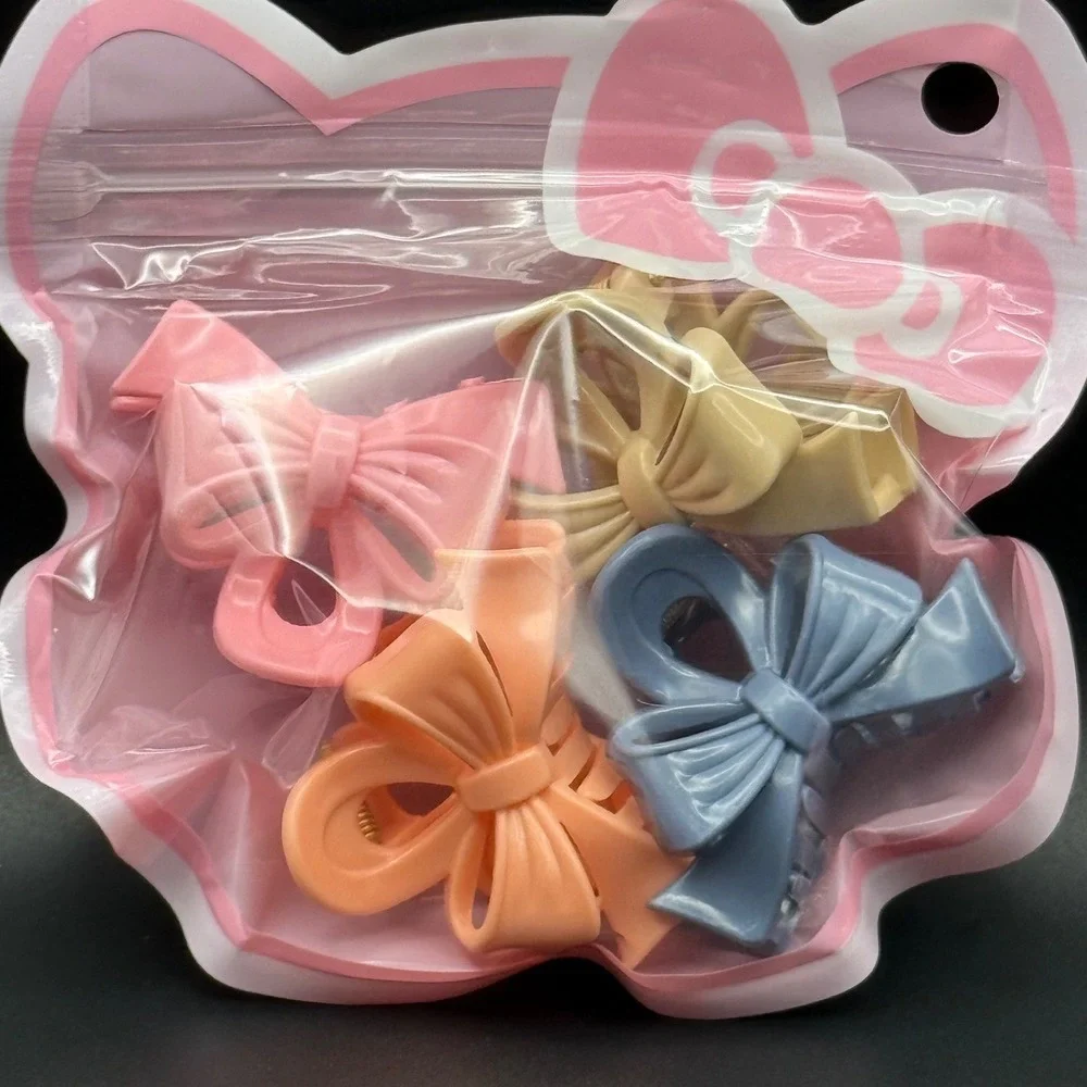 Kids Bow Hair Clips Set 4 Pieces Pink Orange Yellow Blue Cute Kawaii